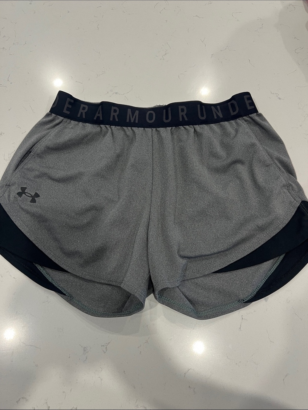 Under Armour Gray and Black Women's Athletic Shorts with Logo Waistband